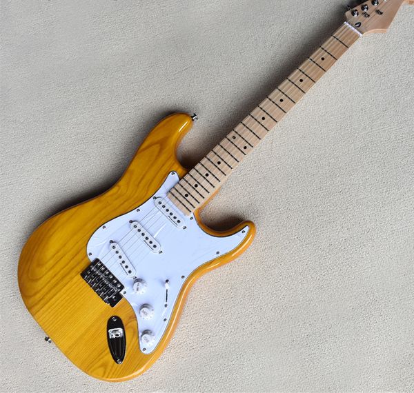 

wood color ash body electric guitar with varnish spraying, maple neck and sliver hardware sss pickups guitar.