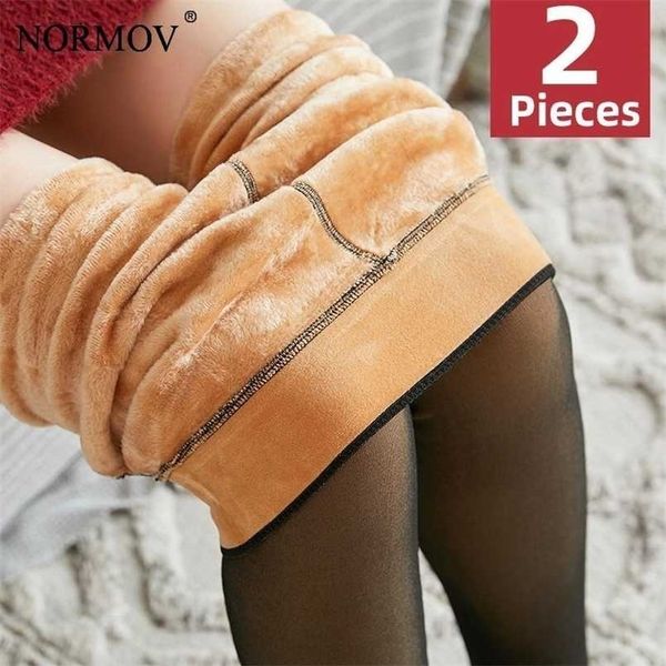 NORMOV 2 Pz Inverno Donna Leggings Caldi Spessa Vita Alta Super Elastico Legging Tinta Unita Più Velluto Sottile Leggins 211216