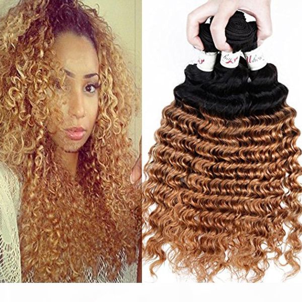 

8a brazilian human hair extension 1b 27 ombre deep wave virgin hair 3pcs lot two tone double weft beauty weaves hair bundles product, Black;brown