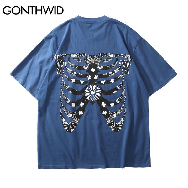 GONTHWID Tees Shirts Hip Hop Bandana Paisley Muster Schädel Print Kurzarm T-shirts Streetwear Fashion Harajuku Baumwolle Tops C0315