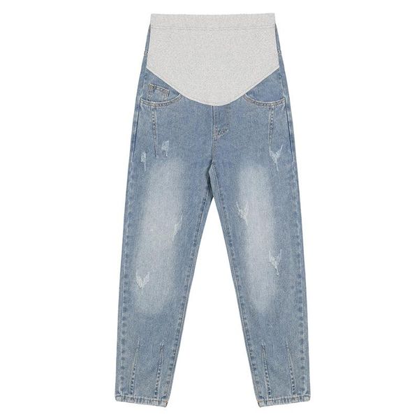 

2021 new vintgae washed denim maternity jeans for pregnant women clothes elastic waist belly loose pants pregnancy clothing, White