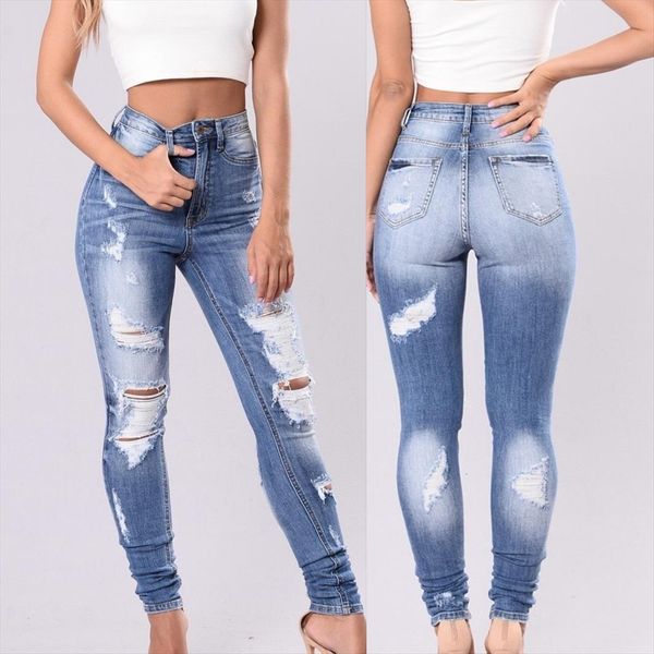 

high waist hole button pants women jean trousers bell bottom denim pencil, Blue
