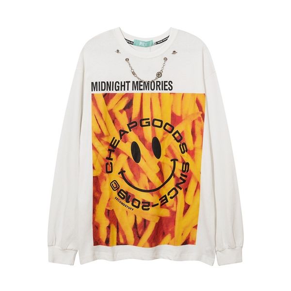 

ins chao brand high street smiling face french fri large long sleeve pullover for boys and teenagers oversized round neck sweater cotton, Black