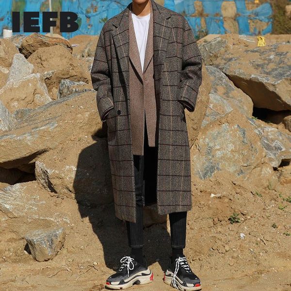 

men's wool & blends iefb 2021 winter plaid korean medium length windbreaker youth ins trend loose single breasted woolen overcoat 9y846, Black