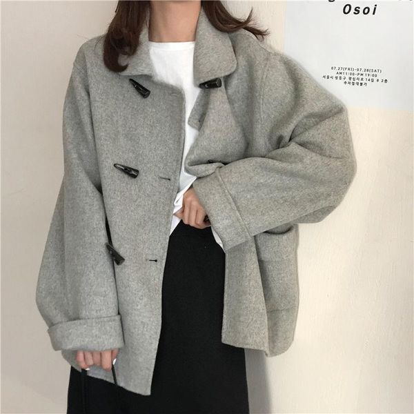 

casual loose thicken tweed wool coat women korean warm horn buckle jacket and coat female 2021 fashion outerwear lady streetwear, Black