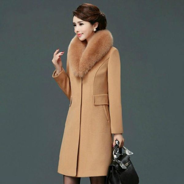 

women's jackets thick warm woolen blends coat women fur collar fashion female elegant outerwear winter clothing, Black;brown