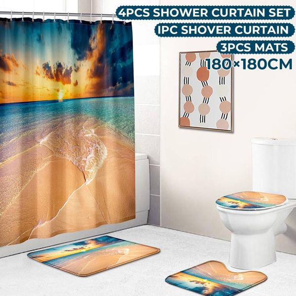 

sea sunset beach theme shower curtain non-slip mat set waterproof shower curtain set pedestal rug lid toilet cover bath mat rugs