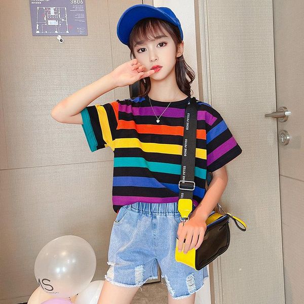 

clothing sets teen girls 6 8 10 12 years old summer 2 pieces outfits striped print t shirt shorts suit kids clothes, White