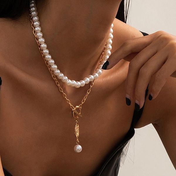 

pendant necklaces toggle clasp circle chunky chain chokers retro double layered head portrait simulated pearl necklace for women girls, Silver