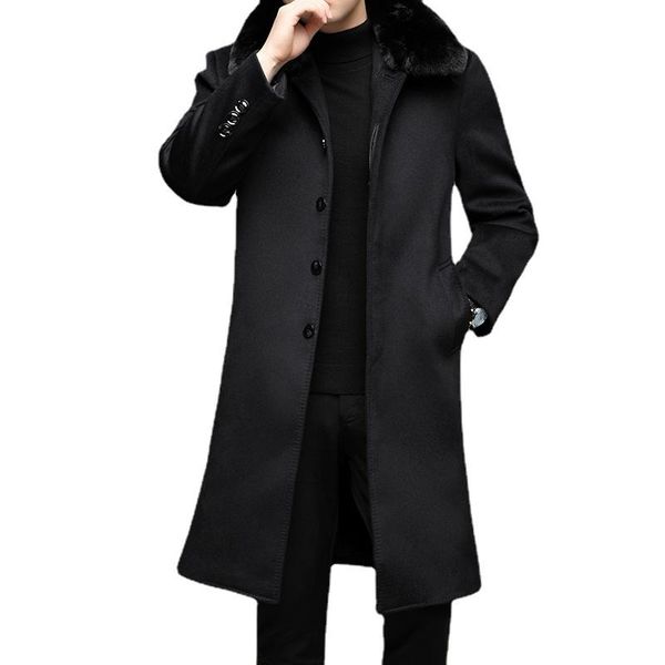 

men's wool & blends m-5xl brand senior autumn and winter plush coat/ long business collar single row button fleece warm blend coat, Black