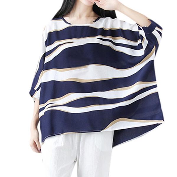 

38# women blouse cotton linen striped o-neck short-sleeved casual loose large size shirt plus size womens and blouses, White