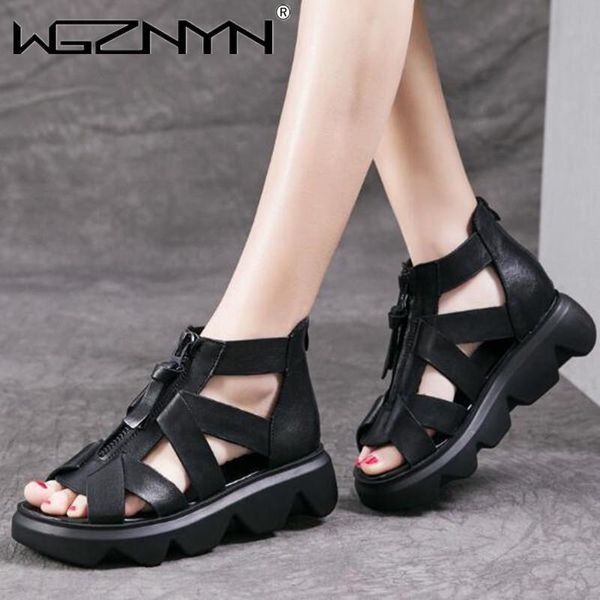 

sandals thick soled leather women front zipper 2021 summer high mouth full inside and outside fashion shoes, Black