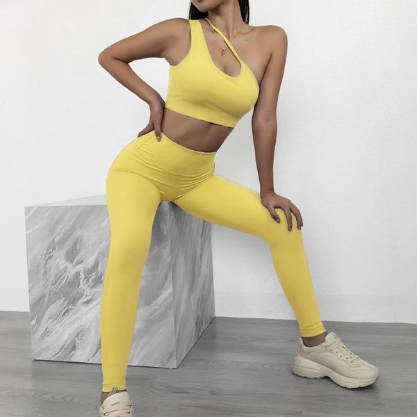 

yoga outfits single shoulder sport crop high waist solid leggings 2 pieces set women fitness running clothes1, White;red