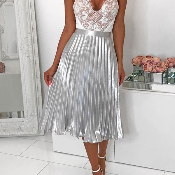 

2021 summer fashion solid pleated women casual high waist a line glossy skirt new iecq, Black