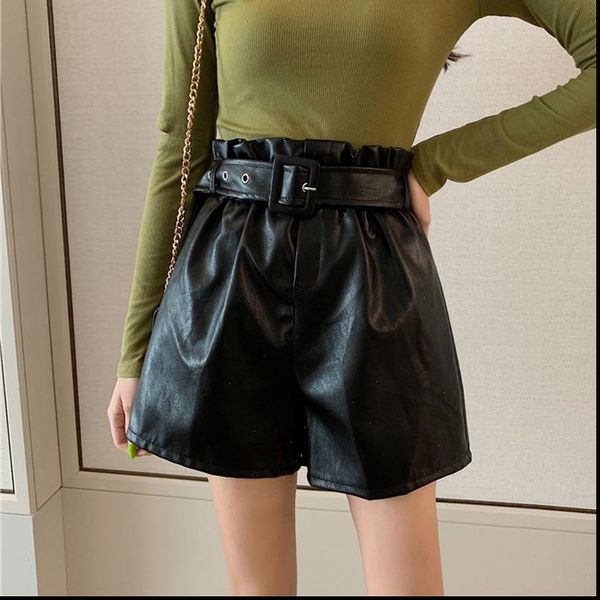 

pu leather high waist women shorts with belt black loose solid bud female shorts 2021 spring autumn apricot casual lady bottoms, White;black