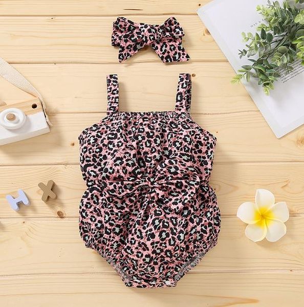 

rompers summer 2 pcs born leopard print one-piece outfits baby girl sleeveless square collar bowknot bodysuit + headband set, Blue