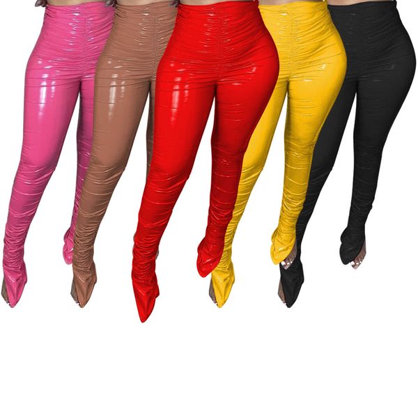 Echoine dicke Fleece-warme PU-Lederhose, plissiert, gerüscht, plissiert, gestapelte Hosen, Flare, geteilt, Club-Hose, Legging, Partykleidung, neu, X0629