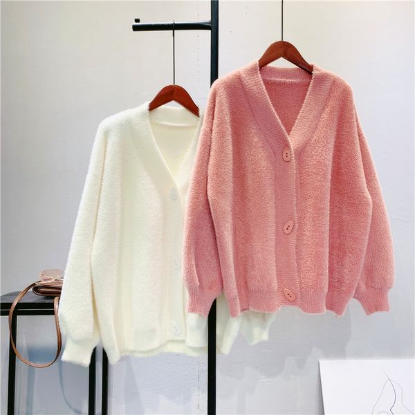 

2021 autumn women cleavage v shirt with sleeves warm hair thick sweater pure colour winter feminine cardigans pull femme j7jp, White;black