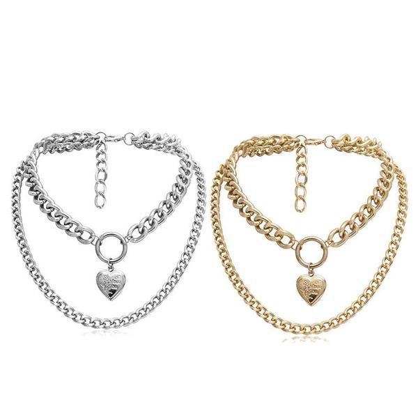 

punk metal heart choker necklace for women big thick chain round hollow multilayer pendant long necklaces jewelry, Silver