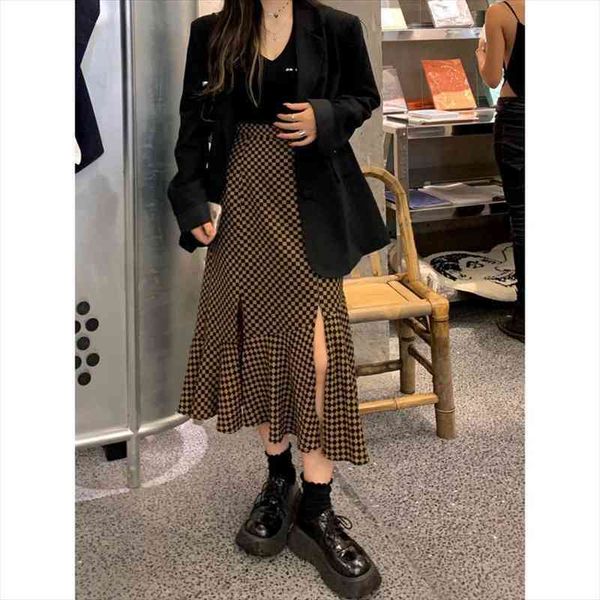 

khaki slim skirt mermaid slit mid-length large size early autumn skirt gothic skirts for women harajuku y2k long, Black