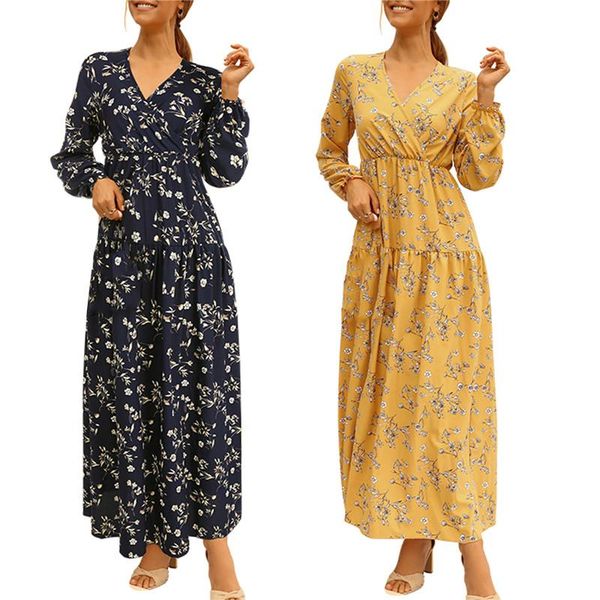 

casual dresses women floral printed big hem long dress v-neck sleeve slim maxi summer autumn boho, Black;gray