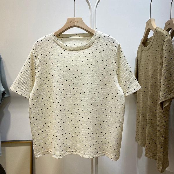 

women's t-shirt korean style simple western all-matching round neck short sleeve pleated stretch polka dot bottoming shirt top, White