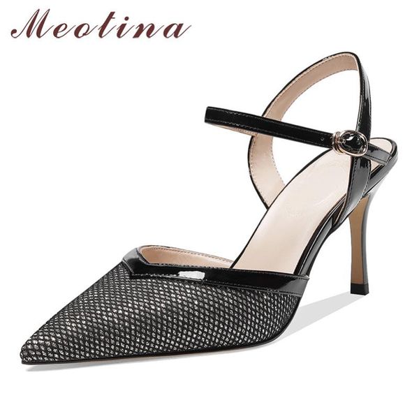 

dress shoes meotina high heels women pumps natiral genuine leather thin heel party buckle pointed toe ladies size 33-39, Black