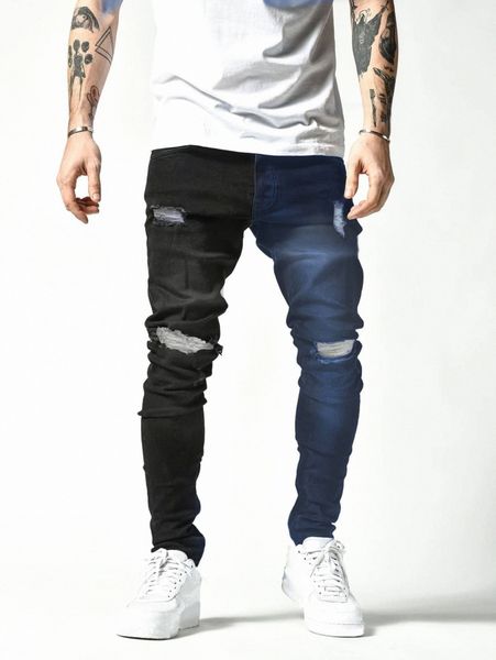 

men two tone ripped skinny jeans u2jz#, Blue