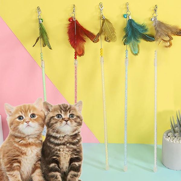 

cat toys 1pc teaser wand faux feather kitten toy interactive with bell teasering pet training supply