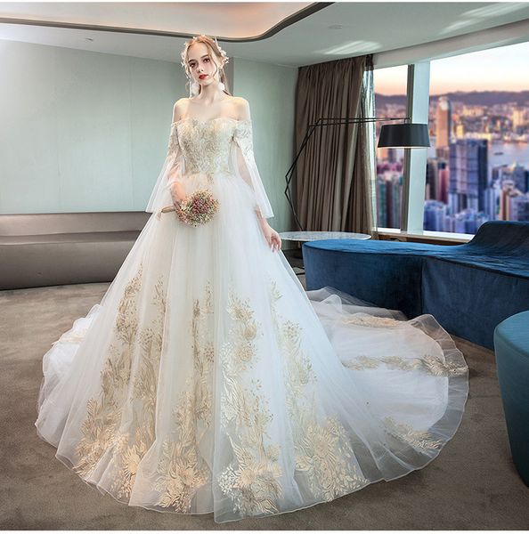 

new long 2021 train sweetheart a-line wedding es gold appliques flowers vintage lace bride gowns vestido de noiva v3qx, White