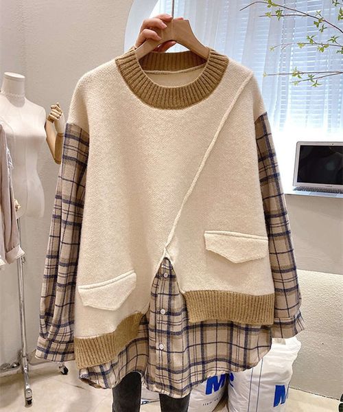 

and fake two-piece autumn sweater women's pullover shirt winter medium length heavy industry loose lazy style knitted coat luxury, White;black