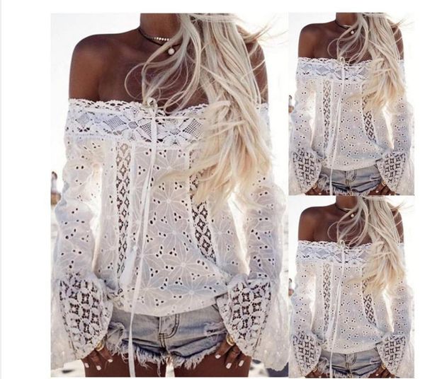 

women's t-shirt 2021 white one-shoulder flared sleeve lace strapless tassel patchwork women clothes