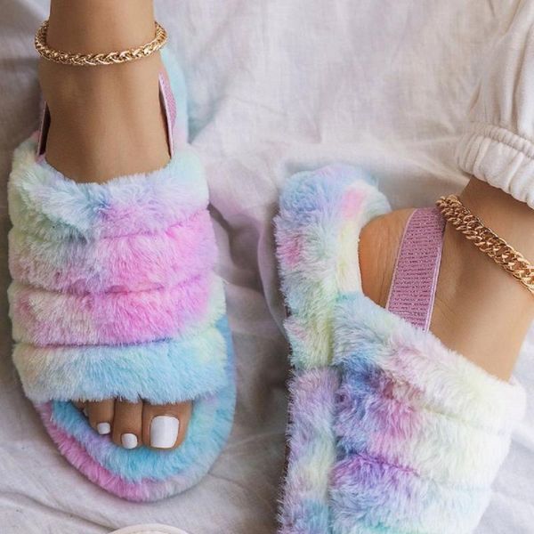 

furry slippers fluffy flip flops plush faux fur slides with strap home flat heel cute ladies shoes indoor fuzzy slippers women, Black