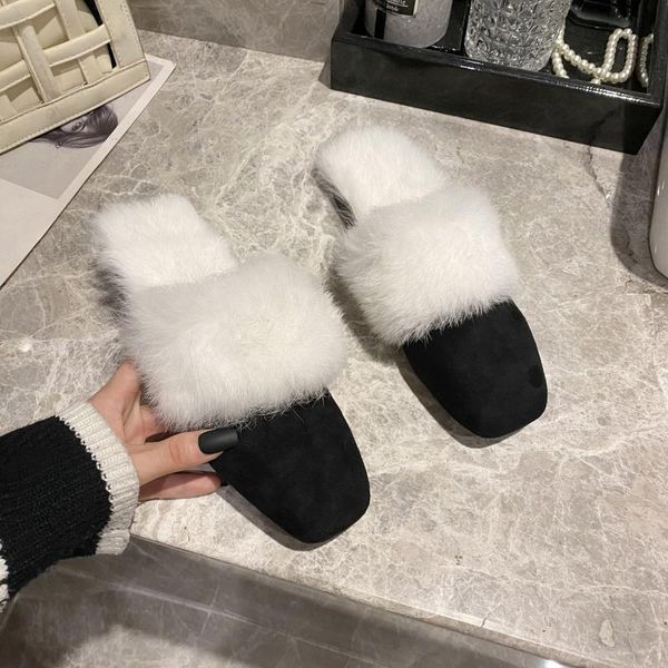 

slippers women's slippers, winter warm shoes, flat-bottomed plush plus size zapatos de mujer, Black