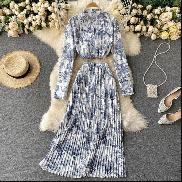 

singrain autumn design print womens dresses ruched set o neck long sleeve blouses elastic high waist midi skirt two, White