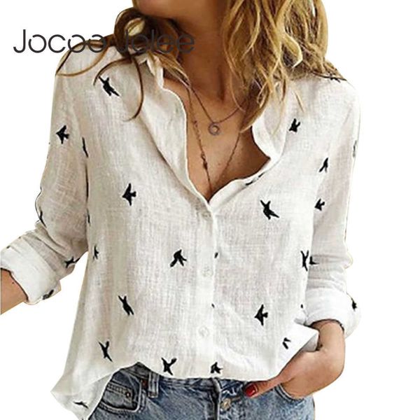 Jocoo Jolee Frauen Casual Birds Print Bluse Frühling Sommer Langarm Baumwolle und Leinen Lose Shirt Vintage Tops Tunika Plus Größe 210619