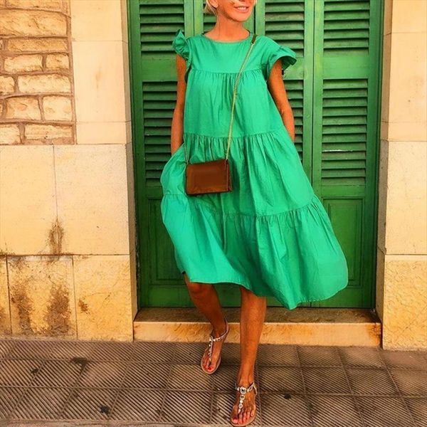 

casual solid color womens dress o neck ruffled short sleeve large hem a line midi summer clothes, Black;gray