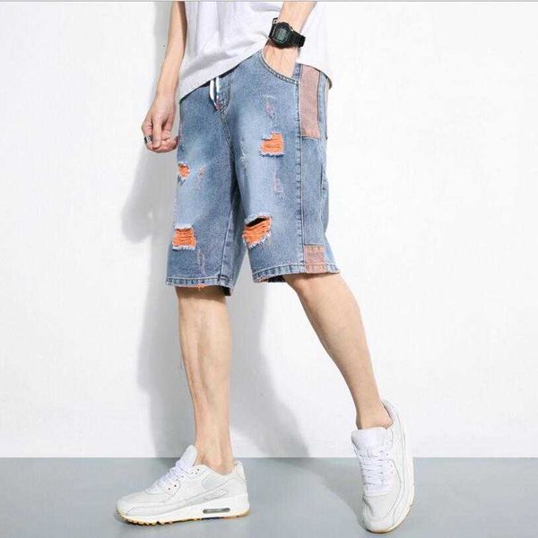 

men's shorts good quality blue denim jeans holes fashion straight knee length casual elastic waist zxa4, White;black