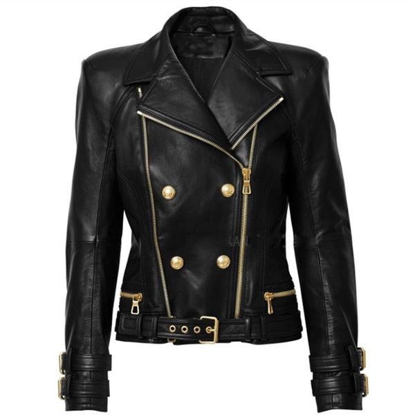 

premium new style original design women's leather jacket metal buckles double-breasted double zippers black motorcycle jacket