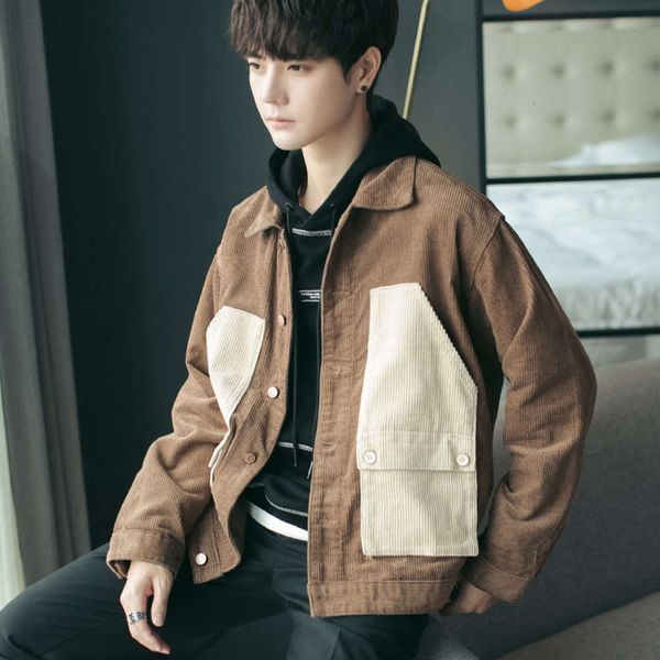 

stitching contrast tooling corduroy men's korean fashion loose trendy student jacket autumn top, Black;brown