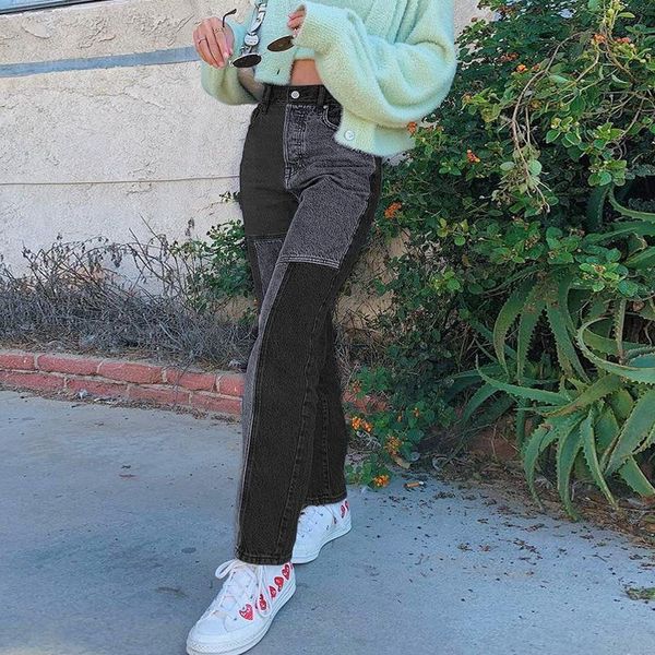 

2021 fashon patchwork black pencil jeans women high waisted denim pants capris fashion streetwear skinny fit trousers, Black;white