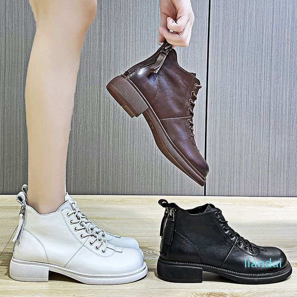 

white rear zipper martin boots womens genuine leather 2021 autumn new casual soft leather boots british style chunky heel ankle boots, Black