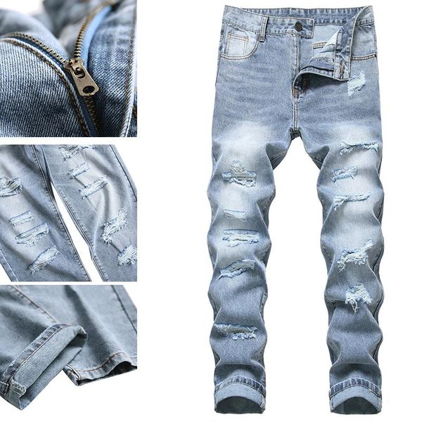 

men's jeans four seasons european and american youth straight pants blue large size casual mid-waist