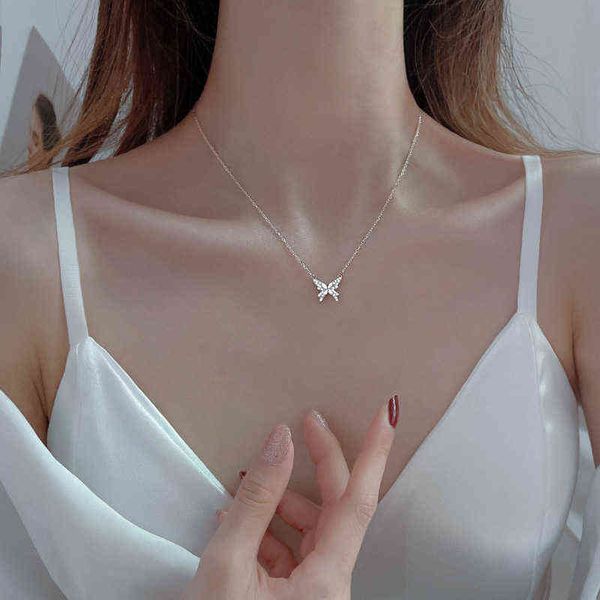 

sweet 925 sterling silver butterfly necklace shiny zircon pendant ladies elegant clavicle chain wedding jewelry holiday gift