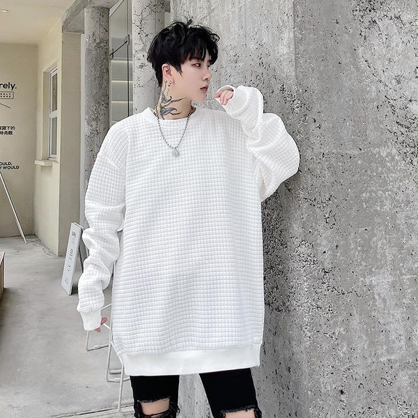 

men's hoodies & sweatshirts waffle plaid sweatshirt men streetwear loose casual pullover coat man women white hoodie top, Black