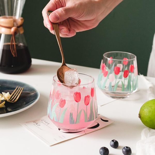 

wine glasses art flower glass cups heat resistant ice cream colorful creative milk korean copos de vidro kitchen dining de50bl