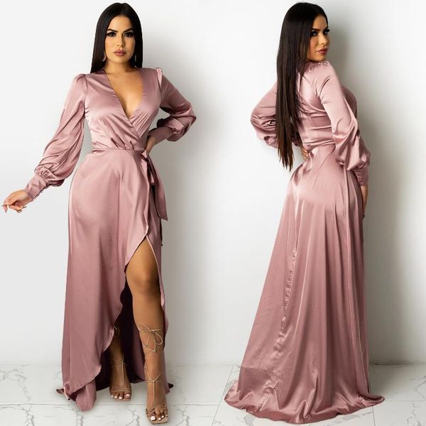 

casual dresses echoine silk soft v-neck maxi long dress women sleeve split autumn elegant birthday party robe vintage vestidos, Black;gray