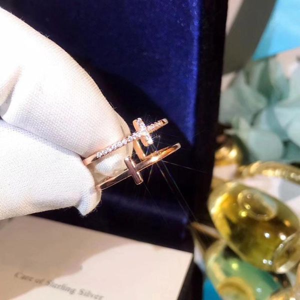 

cluster rings jz tfb rllen sterling silver open rose gold double t cross gemstone 925 ring with logo diy jewelry for women., Golden;silver