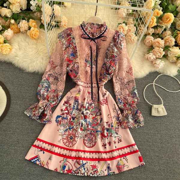 

fashion runway dress women new spring elegant bow tie lace splicing flare sleeve vintage printed ruffles short dress, Black;gray