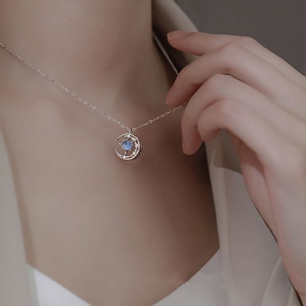 

blue six star moon necklace with diamond, Black